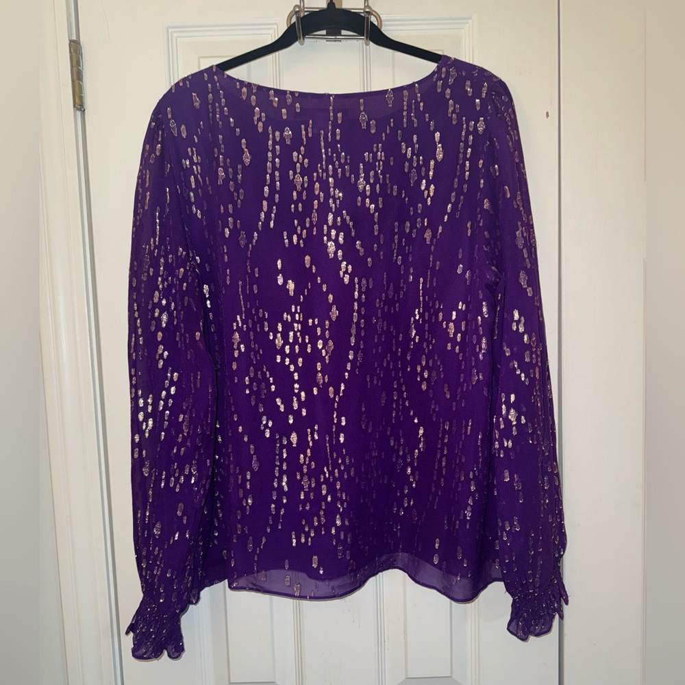 EUC Lilly Pulitzer Idina Long Sleeve Silk Top Purple Berry Fish Clip Chiffon - Picture 5 of 7
